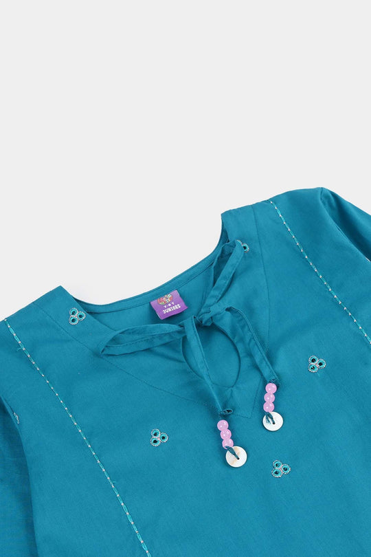 Girls Cotton Embroidery 2Pcs (Safa) - Turquoise