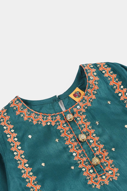 Girls Raw Silk 3Pcs (Naqsh) - Teal blue
