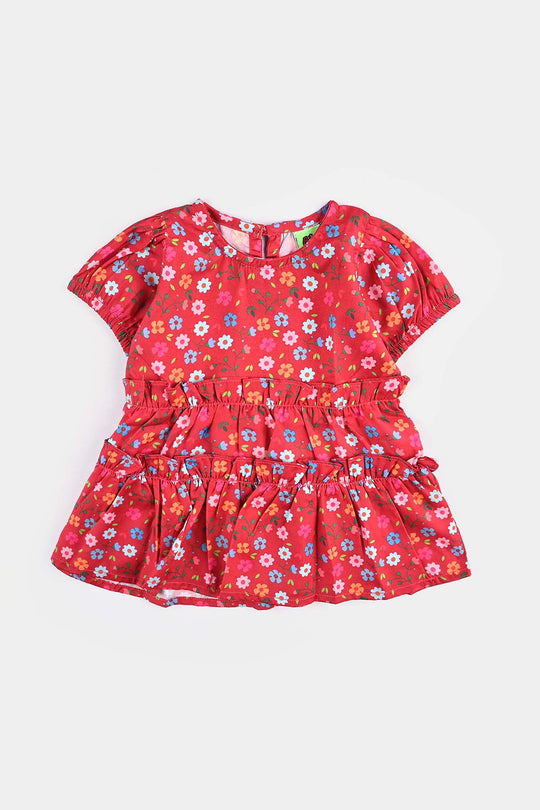 Infant Girls Raw Silk Casual Frock Red Ruffle-Multi
