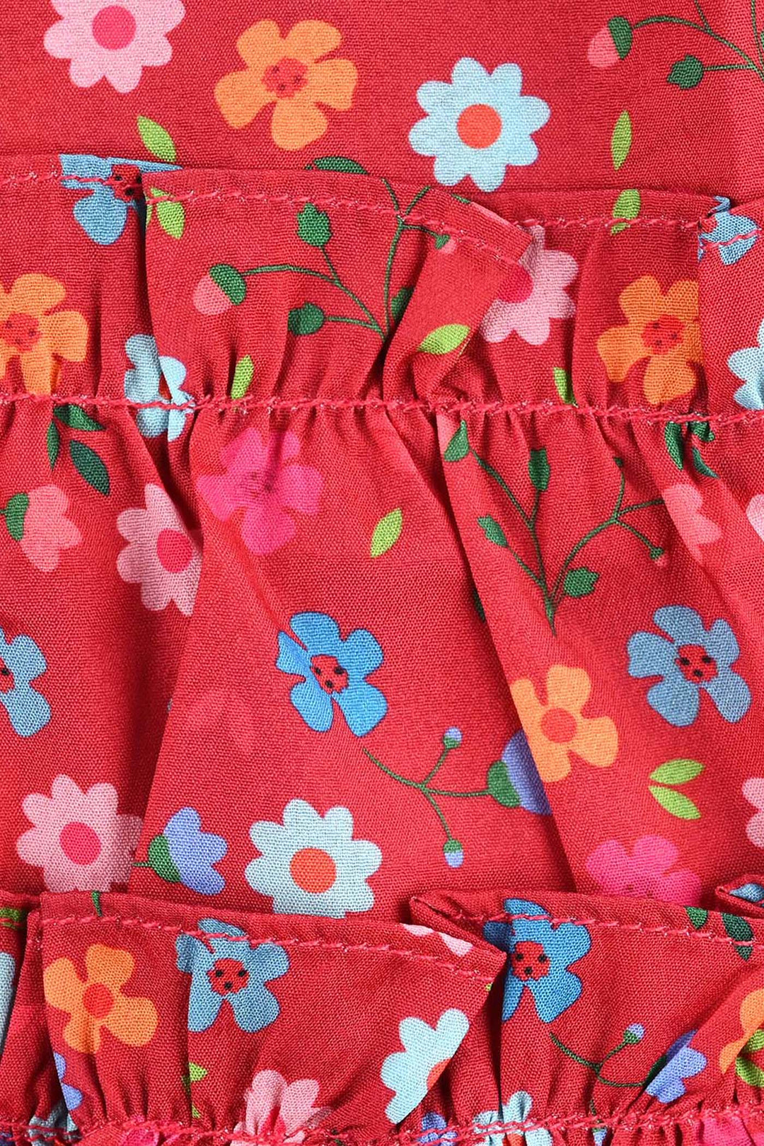 Infant Girls Raw Silk Casual Frock Red Ruffle-Multi