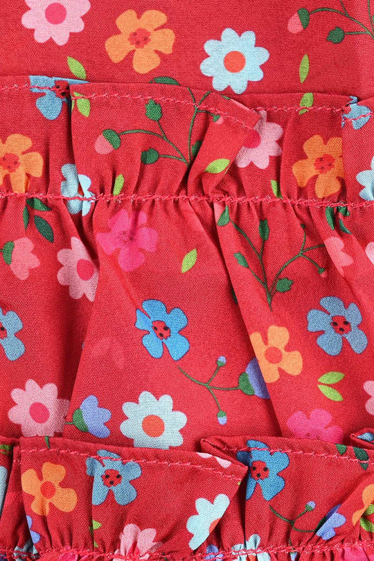 Infant Girls Raw Silk Casual Frock Red Ruffle-Multi