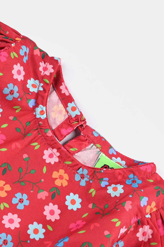Infant Girls Raw Silk Casual Frock Red Ruffle-Multi
