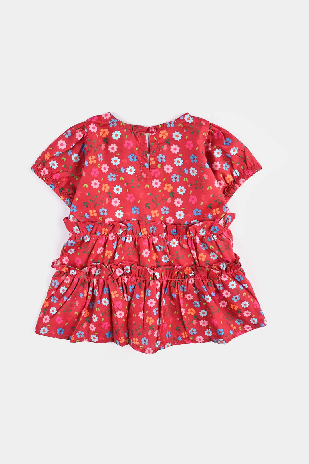 Infant Girls Raw Silk Casual Frock Red Ruffle-Multi