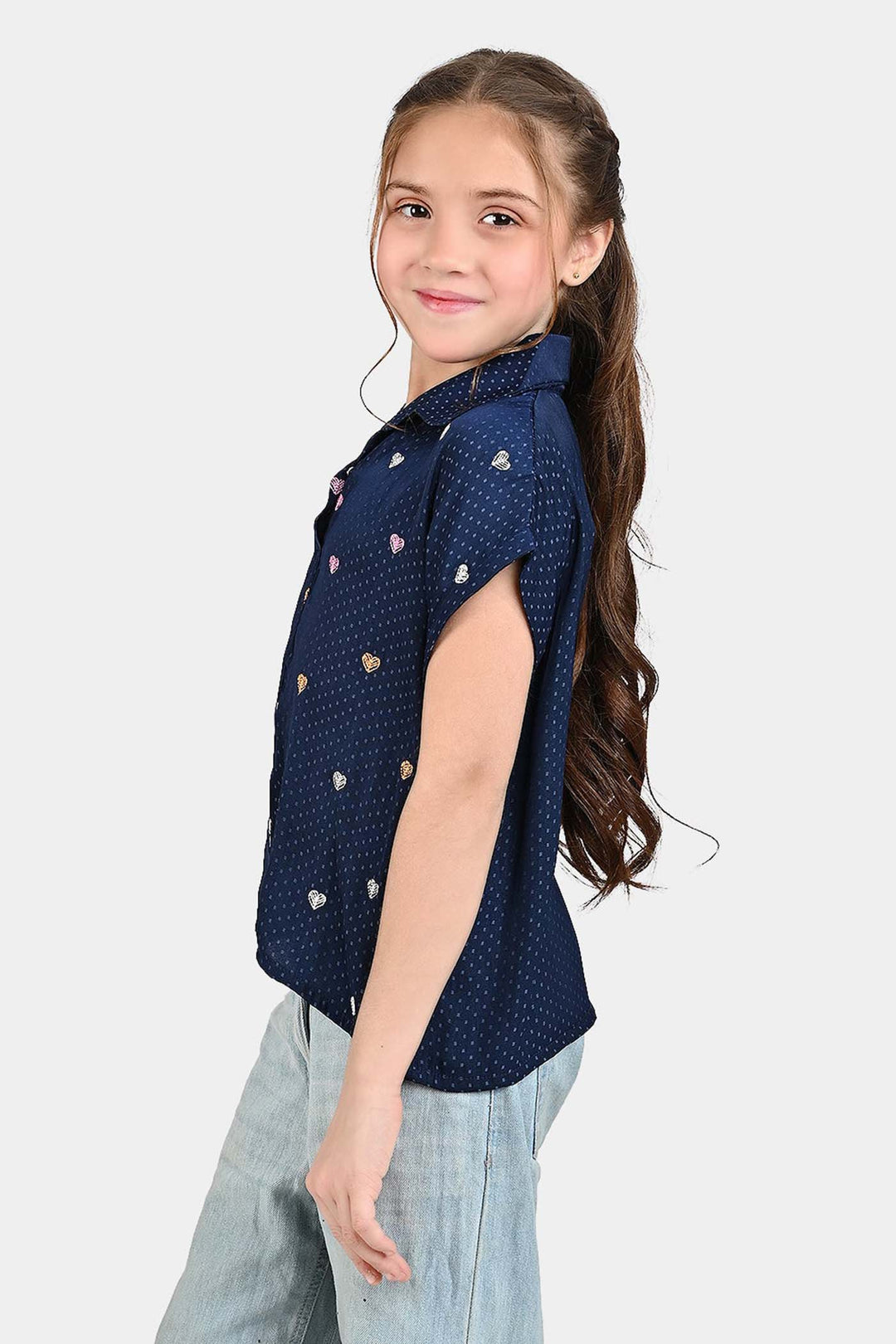 Girls Poly Cotton Emb Top Colorful Hearts-Blue