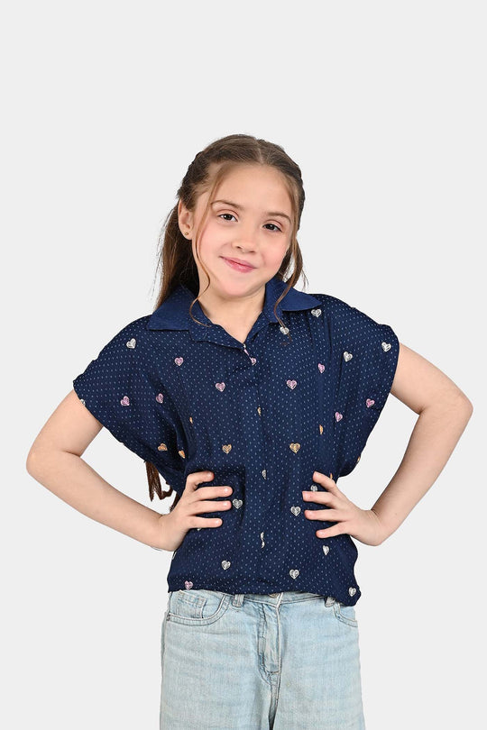 Girls Poly Cotton Emb Top Colorful Hearts-Blue