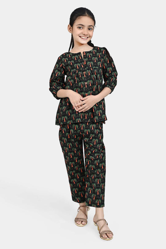 Girls Cotton Poplin Co-Ord Set Palm Tree-Green