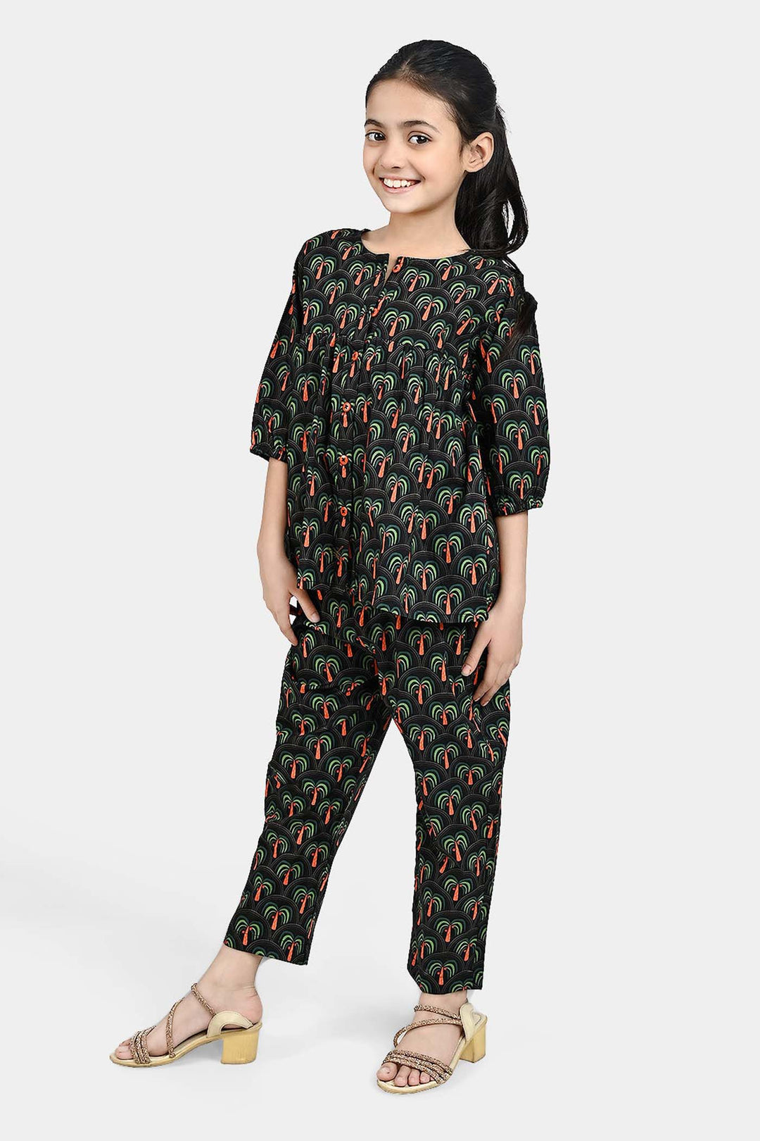 Girls Cotton Poplin Co-Ord Set Palm Tree-Green