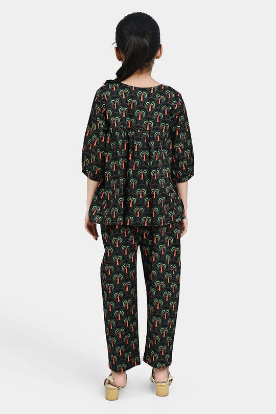 Girls Cotton Poplin Co-Ord Set Palm Tree-Green