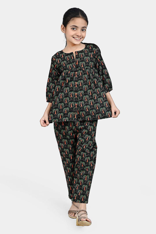 Girls Cotton Poplin Co-Ord Set Palm Tree-Green