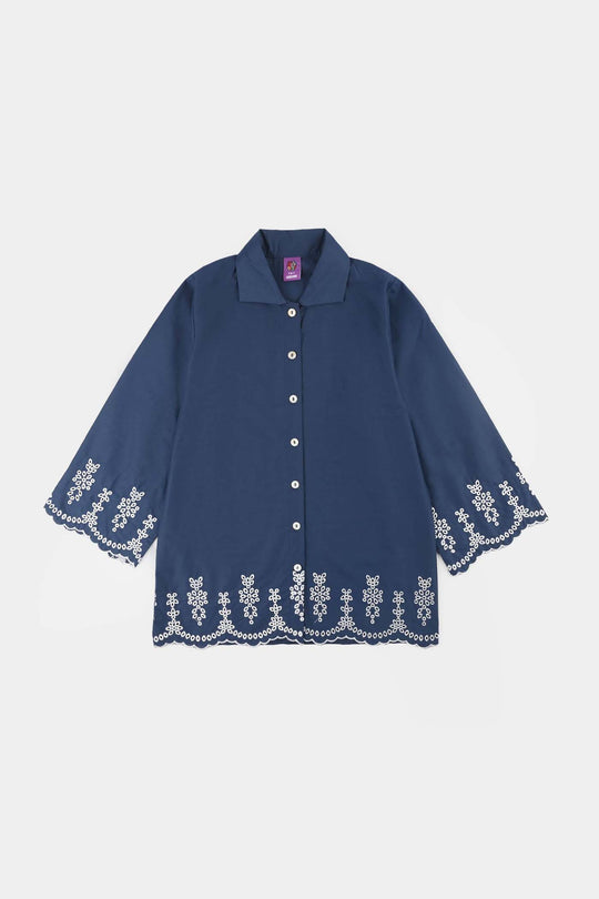 Girls Cotton Embroidered Top - Navy Blue