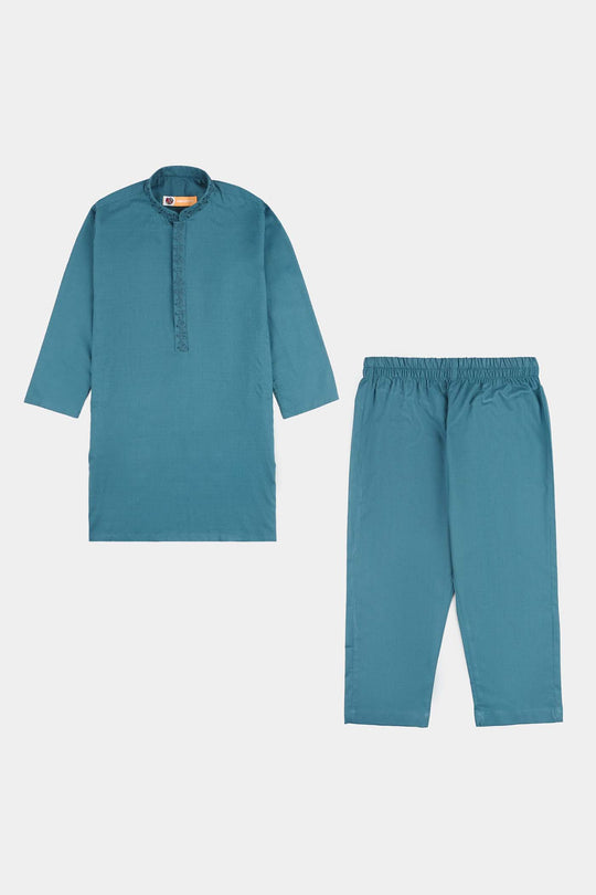 Boys Cotton Jacquard Kurta Pajama (Flora) - Teal