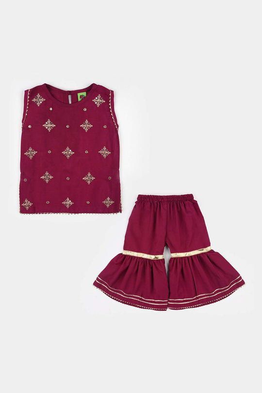 Infant Girls Raw Silk 2Pcs Chanda - Burgundy