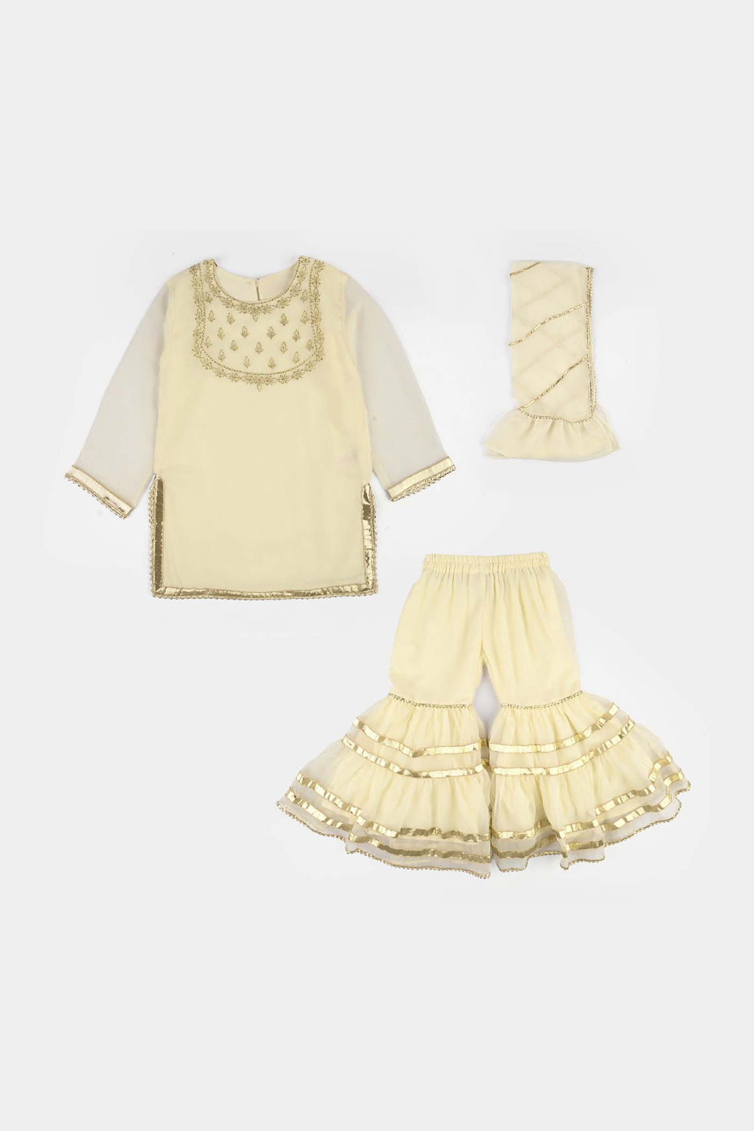Girls Chiffon 3Pcs Set (Chamak) - Cream