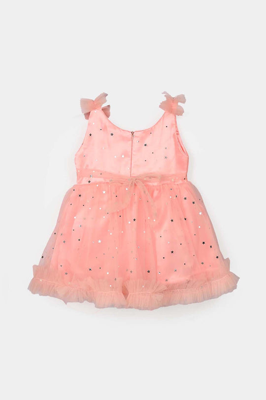 Infant Girls Net Fancy Frock (Stars) - Peach