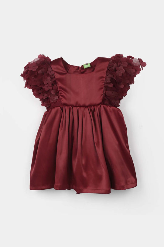 Infant Girls Poly Satin Fancy Frock (Flower) - Maroon