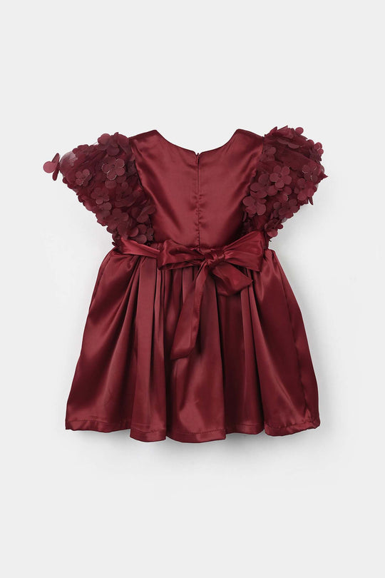 Infant Girls Poly Satin Fancy Frock (Flower) - Maroon