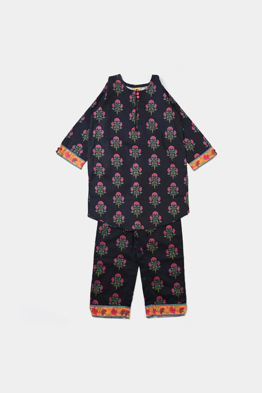 Girls Cotton Poplin Printed 2PCs Suit Boti-BLACK