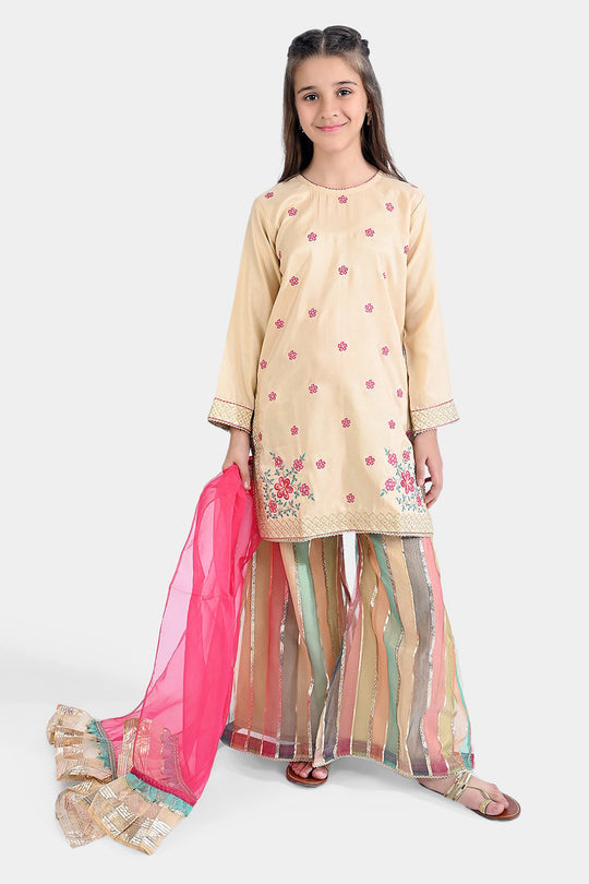 Girls Raw Silk 3 Pcs Gold Work-Cream