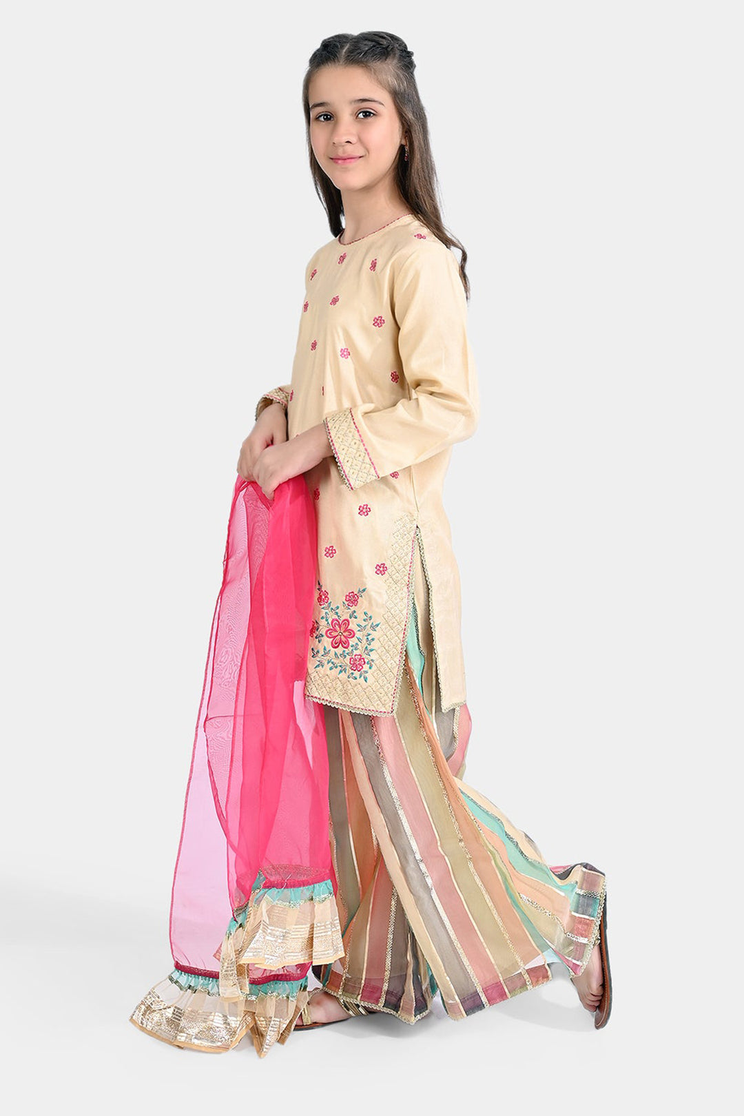 Girls Raw Silk 3 Pcs Gold Work-Cream