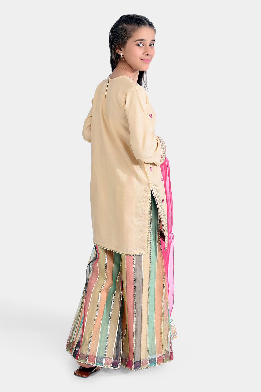 Girls Raw Silk 3 Pcs Gold Work-Cream