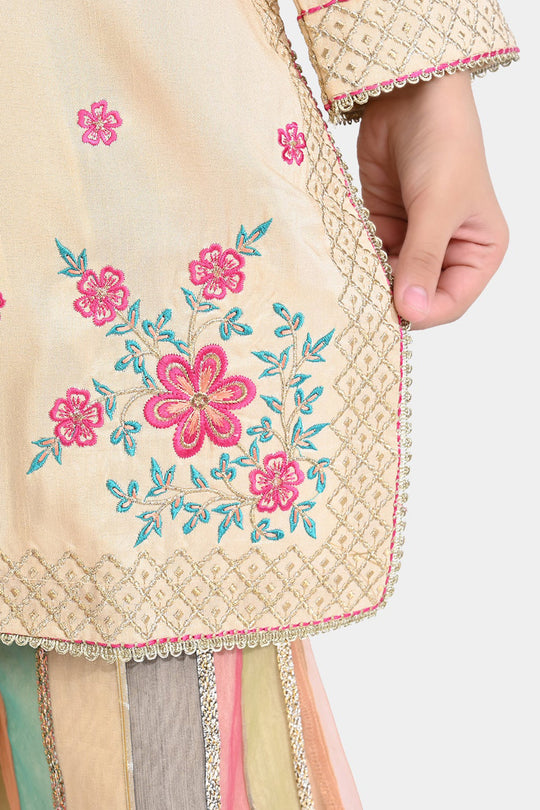 Girls Raw Silk 3 Pcs Gold Work-Cream