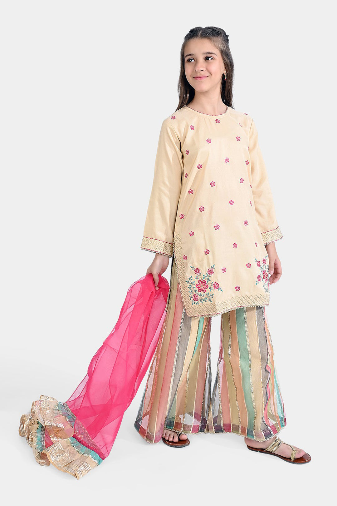 Girls Raw Silk 3 Pcs Gold Work-Cream