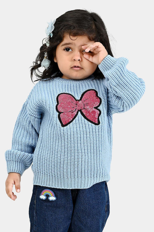 Infant Girls Acrylic Sweater-Sequence BOW-L.Blue