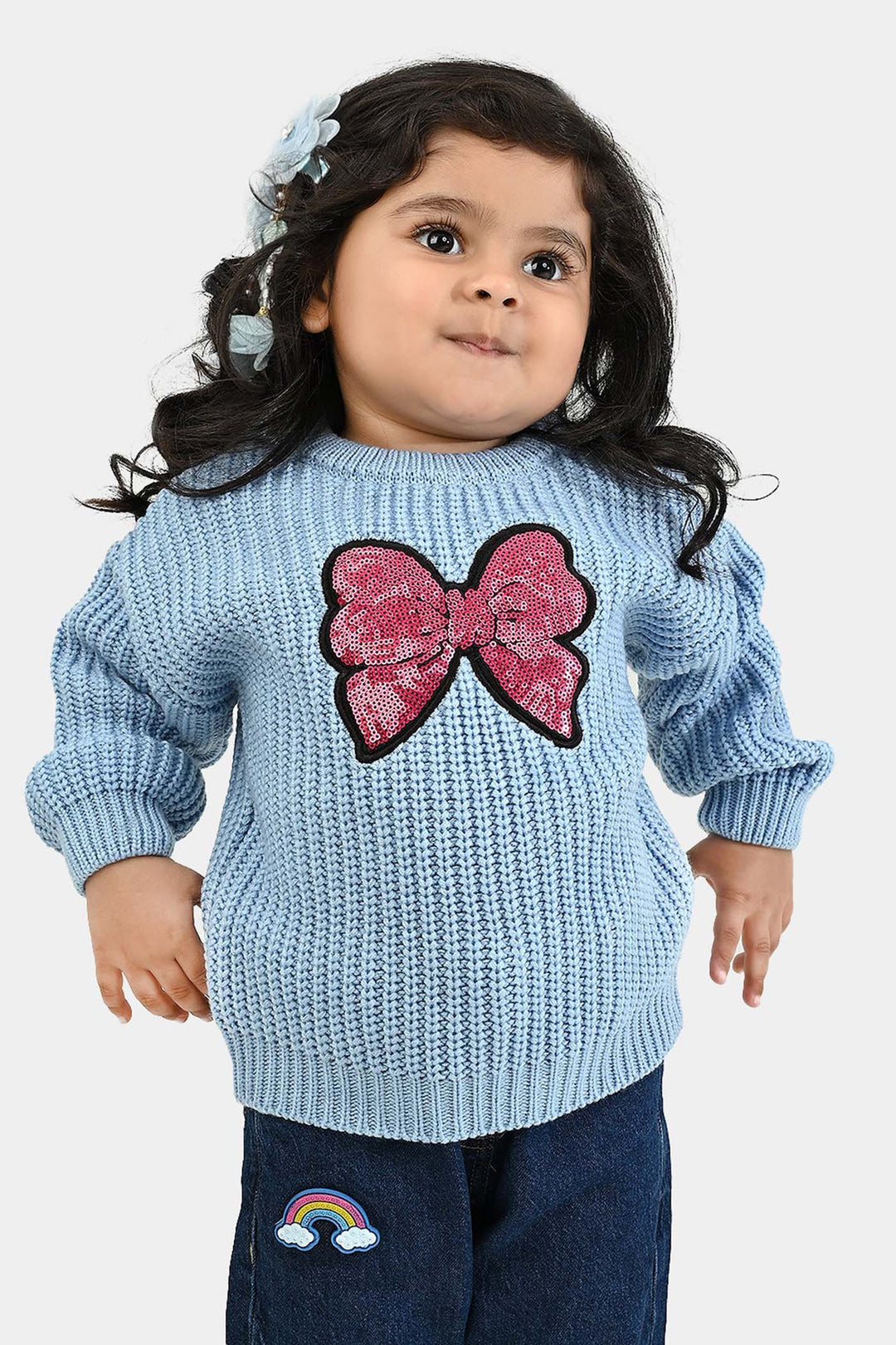 Infant Girls Acrylic Sweater-Sequence BOW-L.Blue