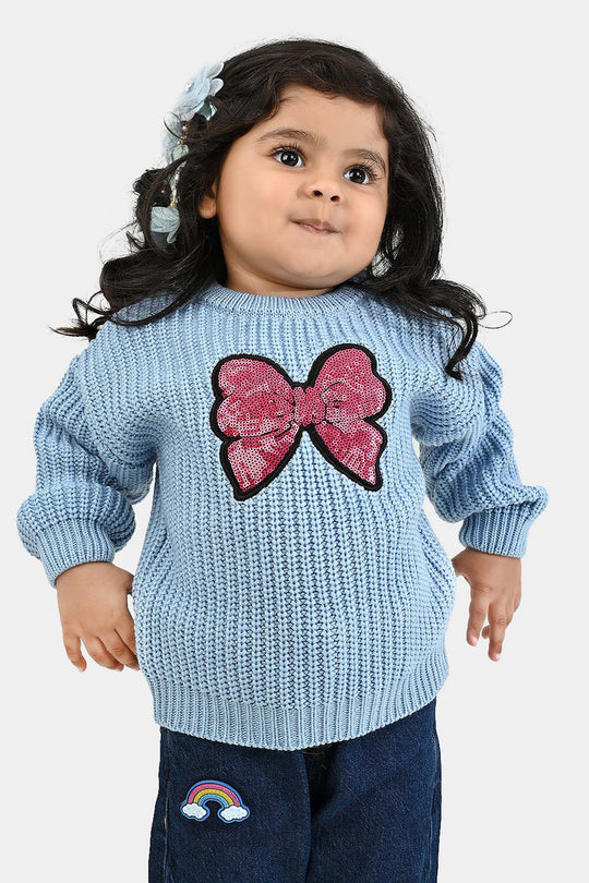 Infant Girls Acrylic Sweater-Sequence BOW-L.Blue