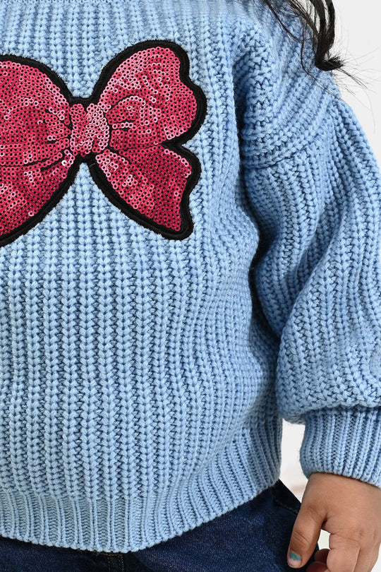 Infant Girls Acrylic Sweater-Sequence BOW-L.Blue