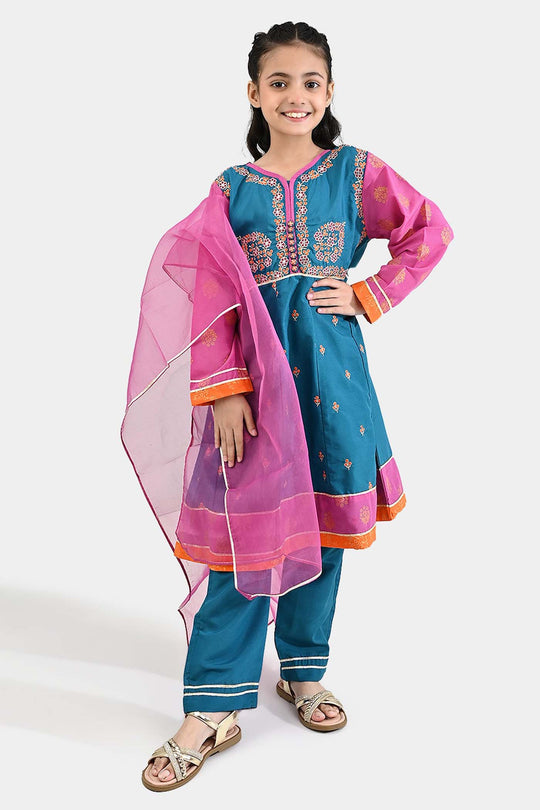 Girls poly cambric Fancy 3Pcs - Teal blue