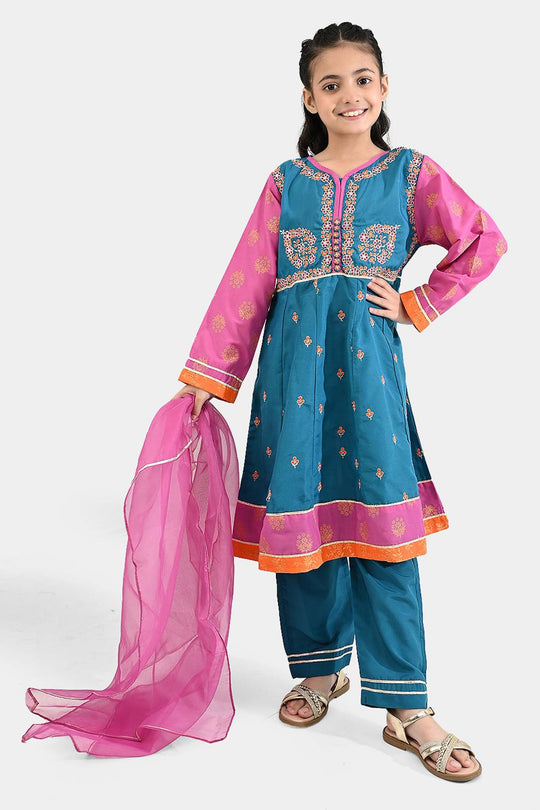 Girls poly cambric Fancy 3Pcs - Teal blue