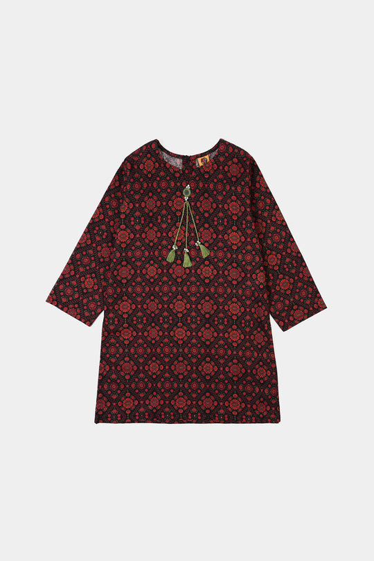 Girls Cotton Printed Kurti kajal-BLACK