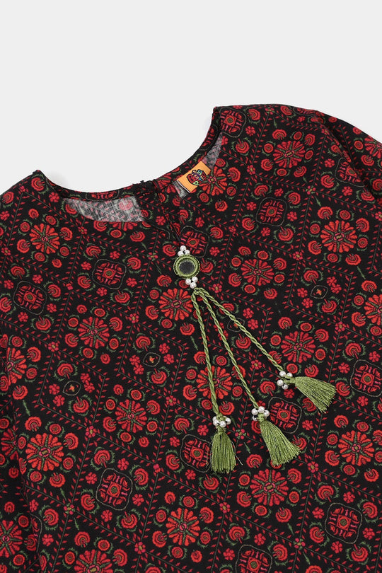Girls Cotton Printed Kurti kajal-BLACK