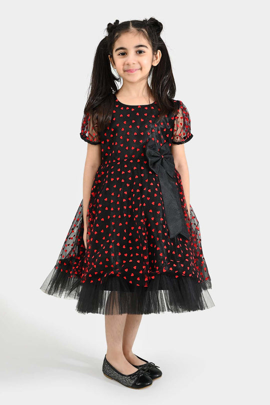 Girls Velvet Fancy Frock-Heart-Red