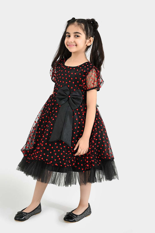 Girls Velvet Fancy Frock-Heart-Red
