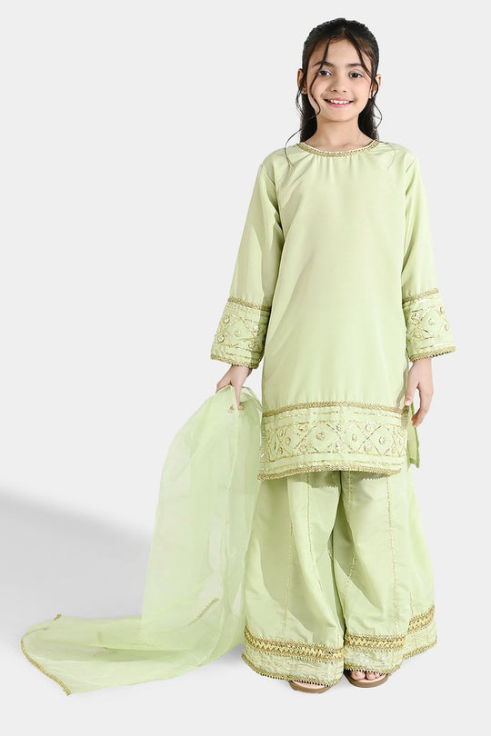 Girls Raw Silk 3-Piece Set (Jahan Ara) - Pista Green