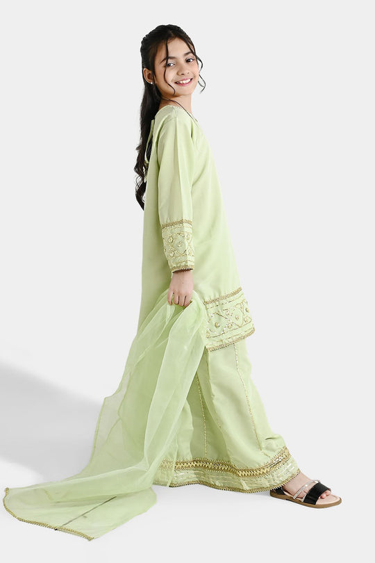 Girls Raw Silk 3-Piece Set (Jahan Ara) - Pista Green