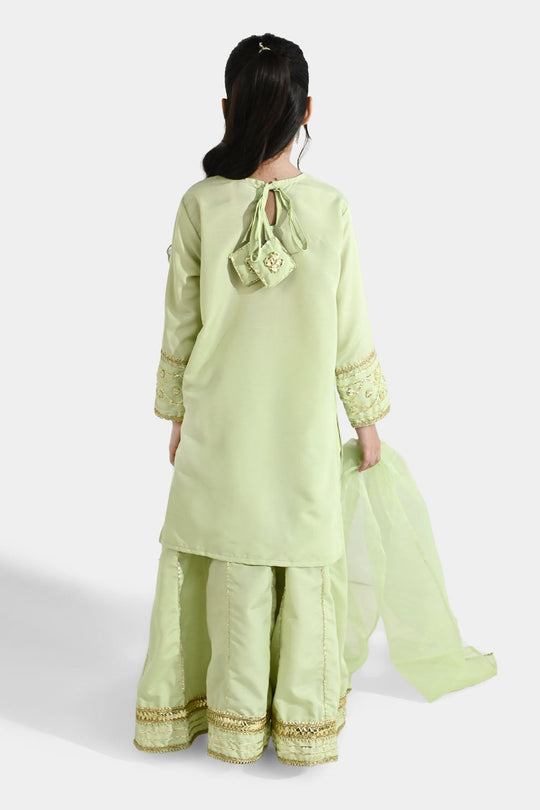 Girls Raw Silk 3-Piece Set (Jahan Ara) - Pista Green
