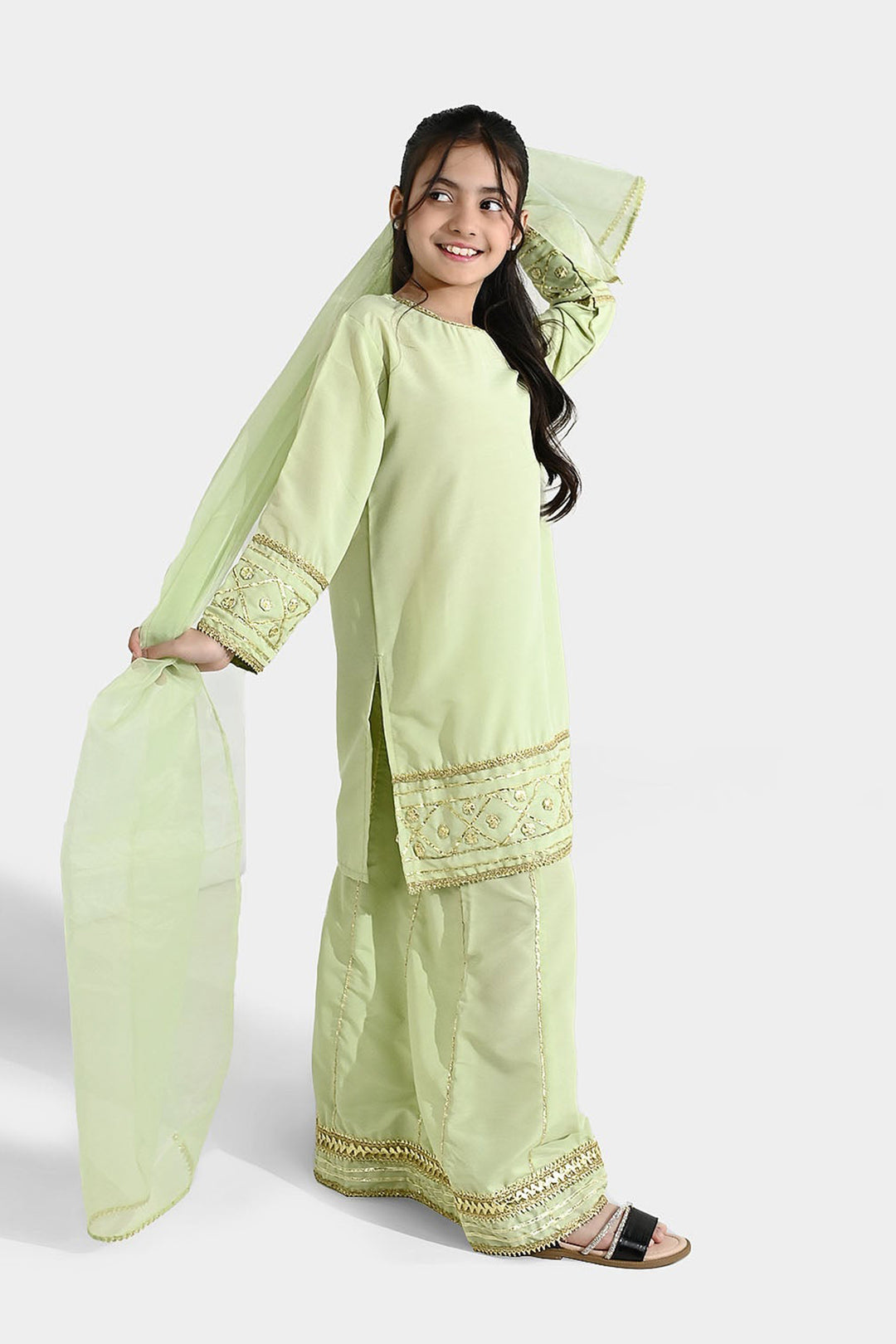 Girls Raw Silk 3-Piece Set (Jahan Ara) - Pista Green