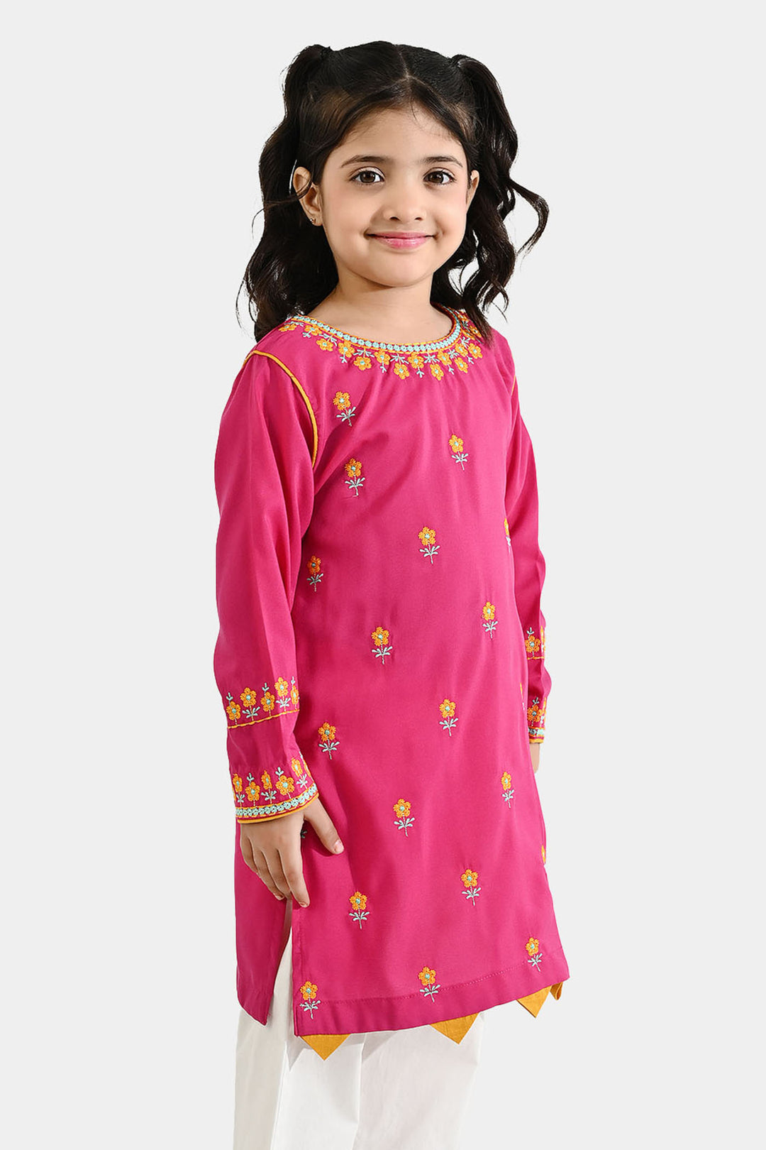 Girls Poly Cambric Embroidered Kurti Pari Noor - Shocking Pink