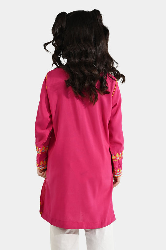 Girls Poly Cambric Embroidered Kurti Pari Noor - Shocking Pink