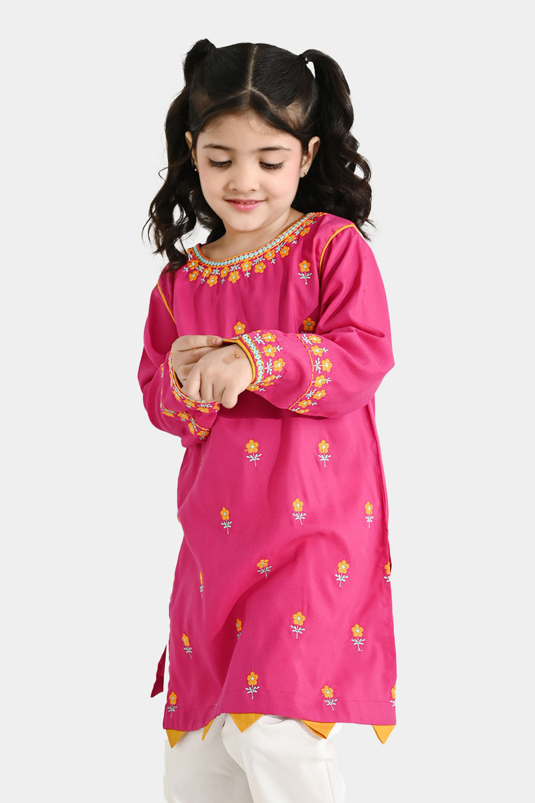 Girls Poly Cambric Embroidered Kurti Pari Noor - Shocking Pink