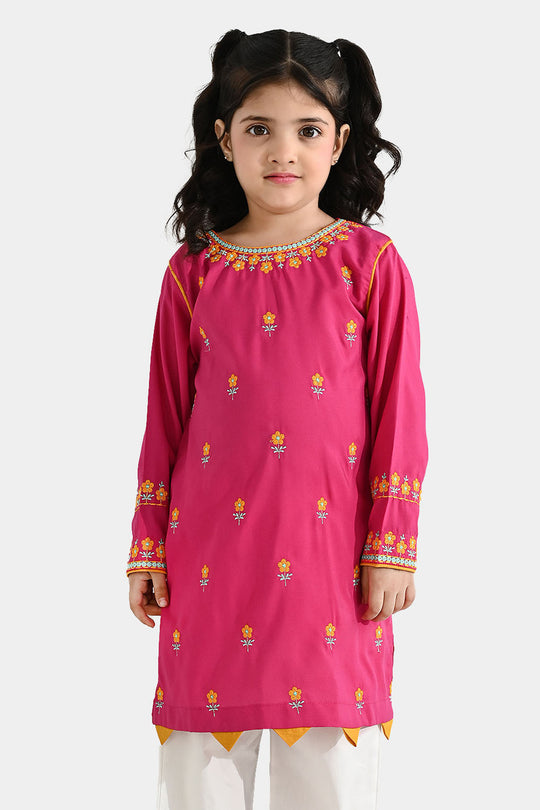 Girls Poly Cambric Embroidered Kurti Pari Noor - Shocking Pink