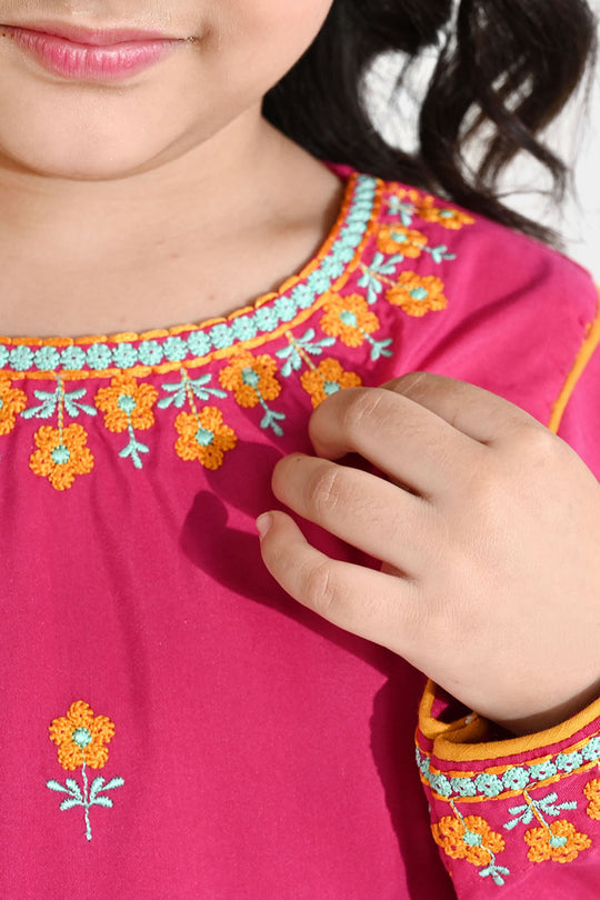 Girls Poly Cambric Embroidered Kurti Pari Noor - Shocking Pink