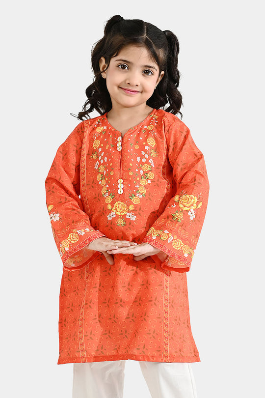 Girls Poly Cambric Printed Kurti - Orange