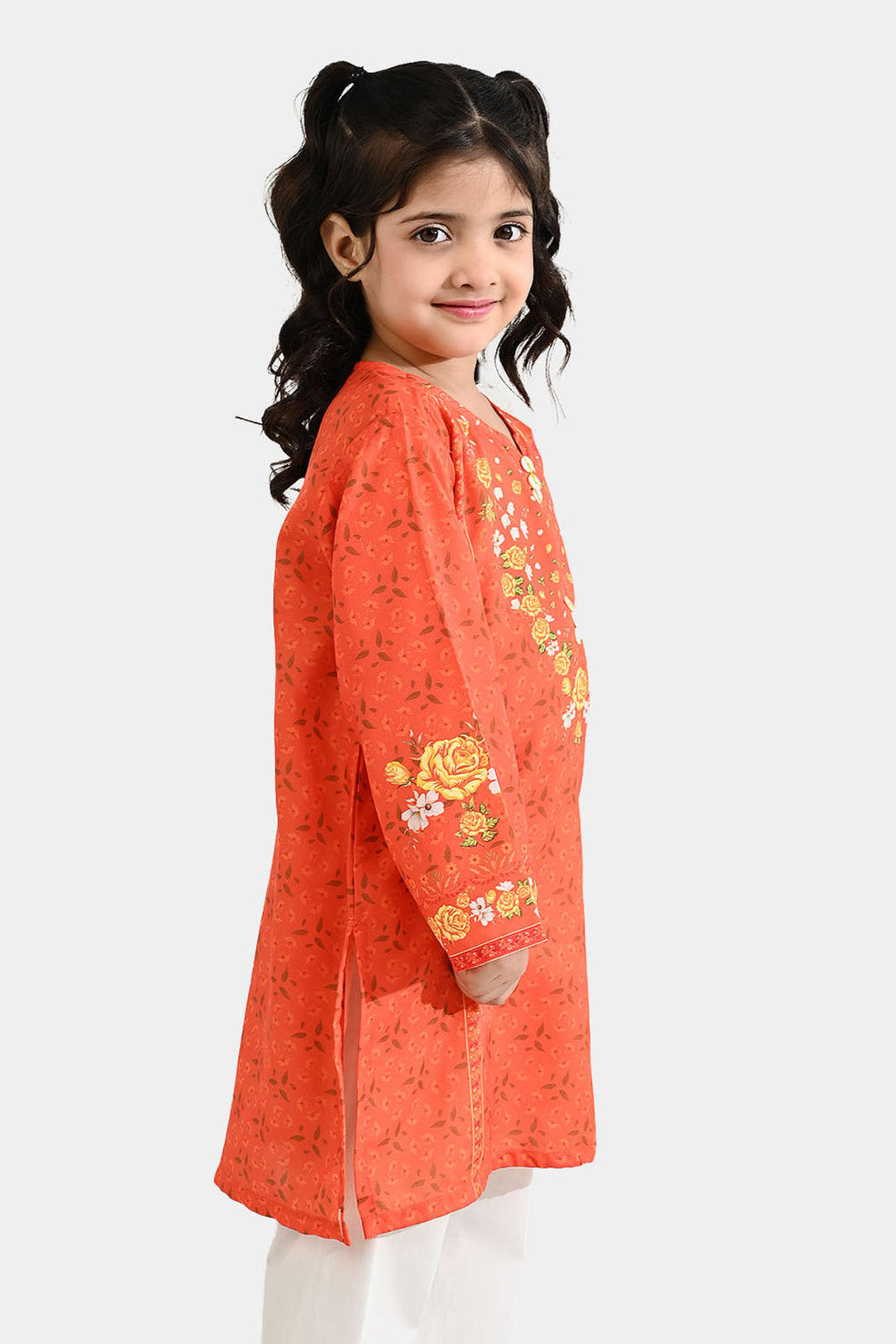 Girls Poly Cambric Printed Kurti - Orange
