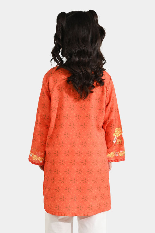 Girls Poly Cambric Printed Kurti - Orange
