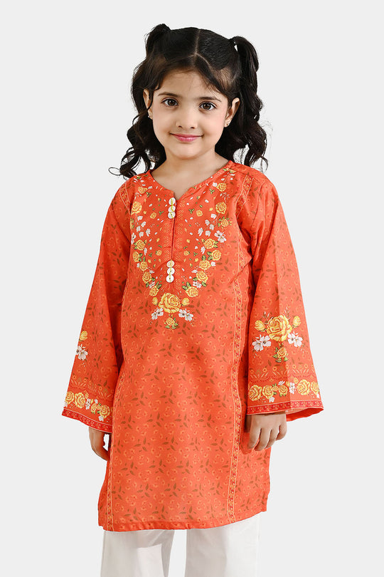 Girls Poly Cambric Printed Kurti - Orange