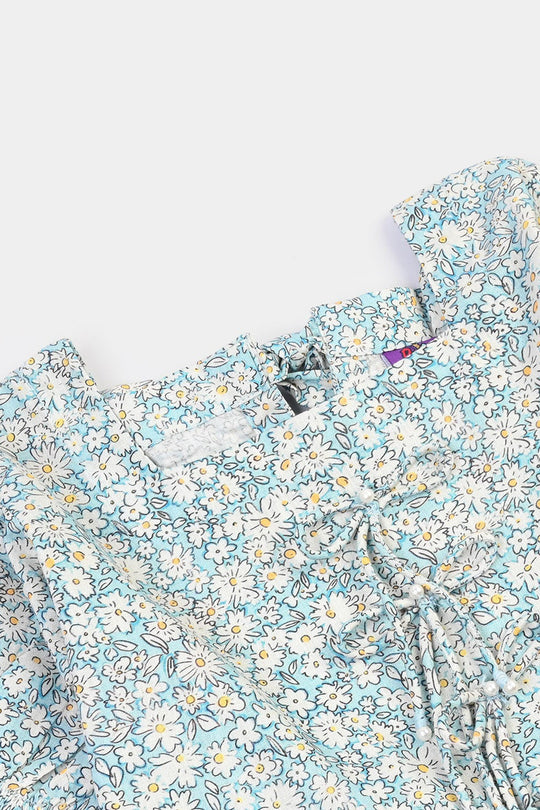 Girls Cotton Printed Frock Chintz-Blue